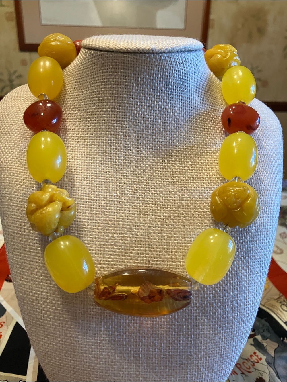 AMBER, CARVED AMBER, CARNELIAN, CORAL END BEADS, CITRINE SPACER BEADS - Picture 4 of 14